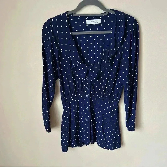 Revolve Auguste Lilly Shirt Classic Polka Dot Navy Blue Button Up Blouse Size 2 - Picture 2 of 8